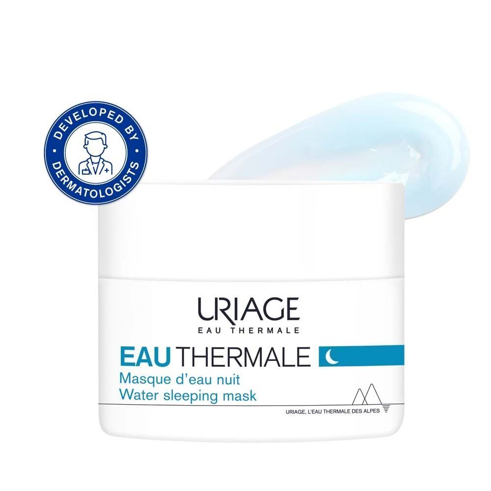 Weißer Tiegel mit blauer Schrift. Aufschrift: URIAGE EAU THERMALE Masque d'eau nuit Water sleeping mask. Gel wird aufgetragen.