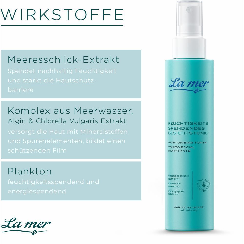La mer Gesichtstonic Flasche. Türkisgrün mit weißem Sprühkopf. Links: Wirkstoffe, Meeresschlick-Extrakt, Algin & Chlorella, Plankton. Marine Skincare.