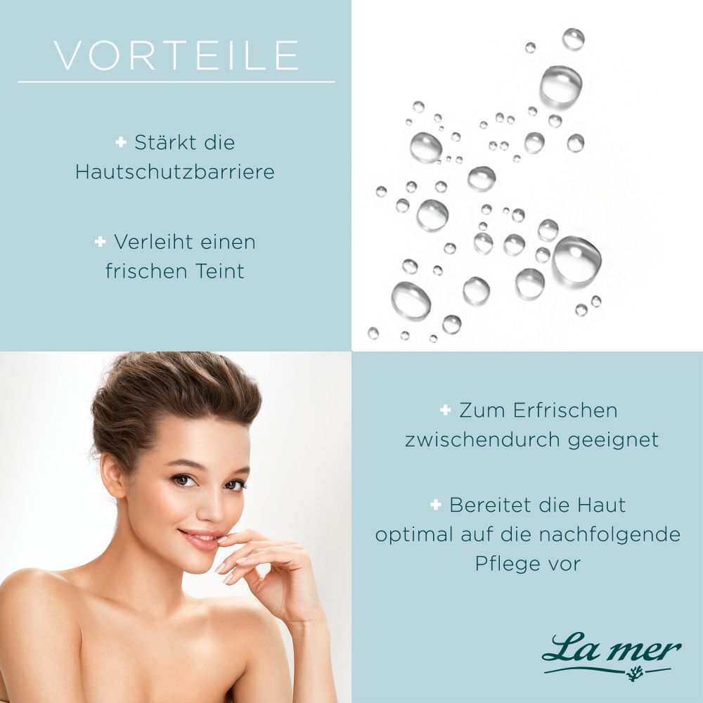 Aufgeteiltes Bild. Oben links: Vorteile. Oben rechts: Wassertropfen. Unten links: Frau. Unten rechts: Geeignet zum Erfrischen, bereitet die Haut vor.