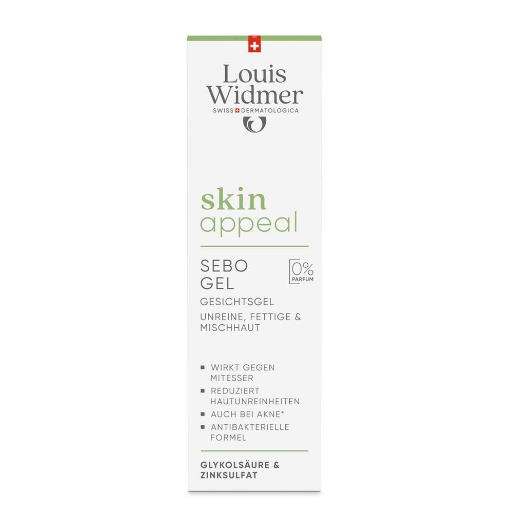 Skinappeal Sebo Gel Tube. Weiß, mit grünen Akzenten. Aufschrift: Louis Widmer, skin appeal, Sebo Gel, Gesichtsgel. 0% Parfum.