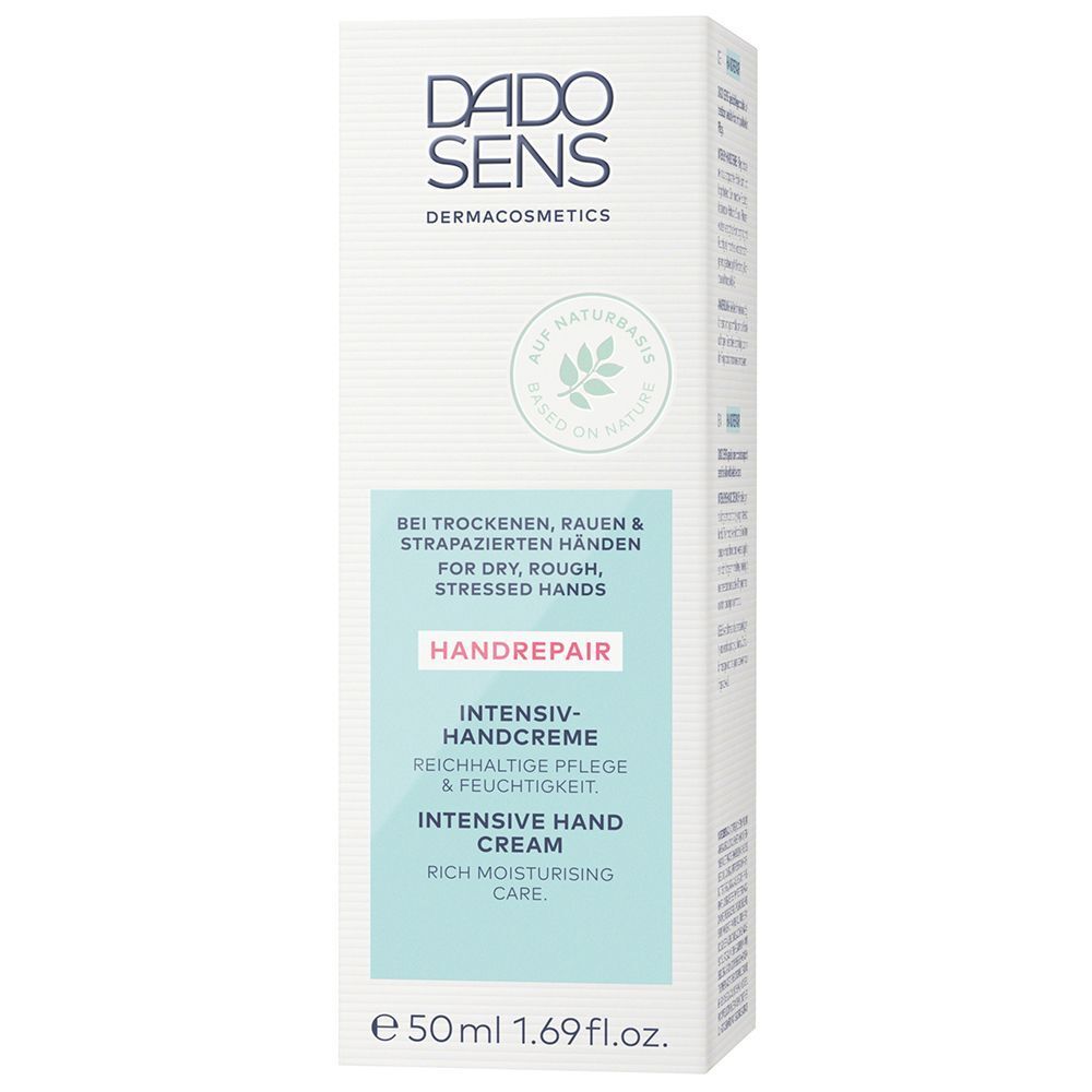 Verpackung der DADO SENS HANDREPAIR Intensiv-Handcreme, 50ml, für trockene Hände.