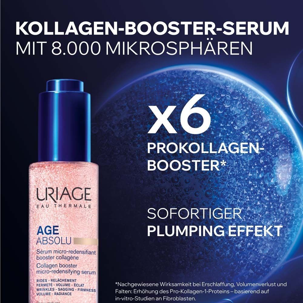 Eine Serumflasche mit blauer Kappe und rosa Flüssigkeit. Text: Kollagen-Booster-Serum mit 8.000 Mikrosphären. Hintergrund: blaue Kugeln.