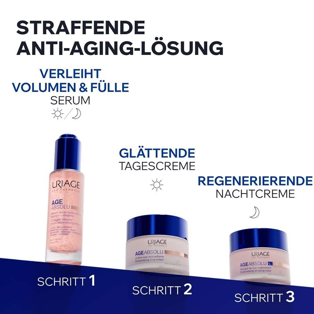 Drei Produkte: Serum, Tagescreme und Nachtcreme. Text: Straffende Anti-Aging-Lösung. Schritt 1, 2, 3.