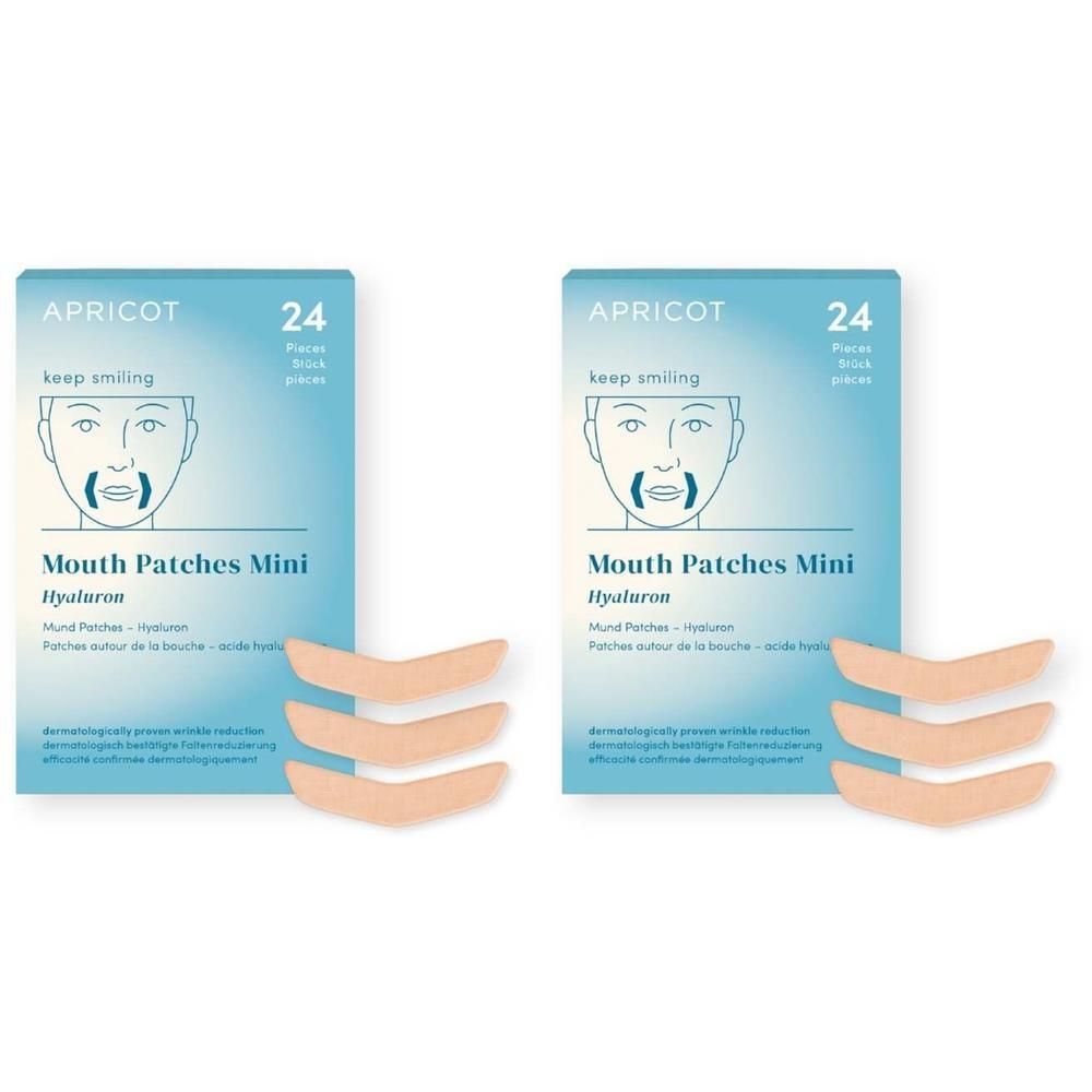 Zwei Packungen APRICOT Mund Patches Mini. Hellblaue Verpackung mit Produktname und 24 Stück. Daneben 6 Mund Patches.