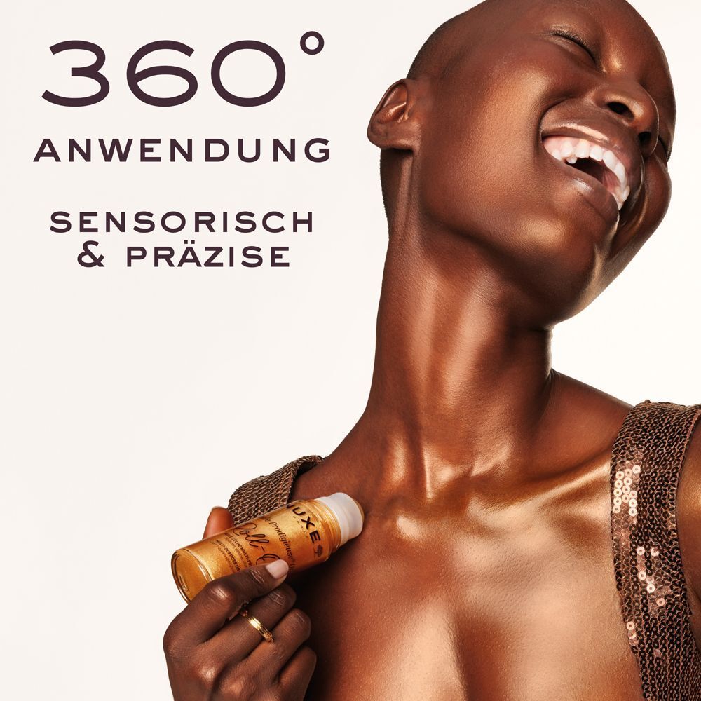 Dunkelhäutige Frau verwendet goldfarbene Roll-on-Flasche. Text: 360° Anwendung, sensorisch & präzise.