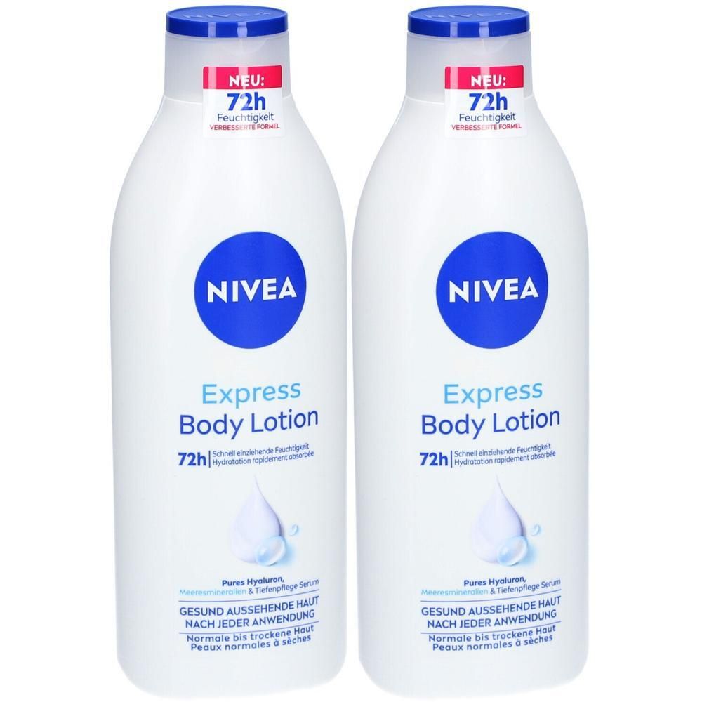 Zwei weiße Flaschen NIVEA Express Body Lotion. Blaue Deckel und Logos. Aufschrift: 72h Feuchtigkeit. Für normale bis trockene Haut.
