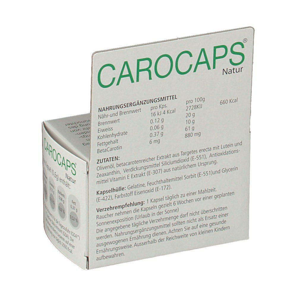 Carocaps Natur Kapseln-Verpackung. Weiße Schachtel mit grünem Logo und Text. Aufschrift: Carocaps Natur. Zutatenliste und Nährwertangaben pro 100g.