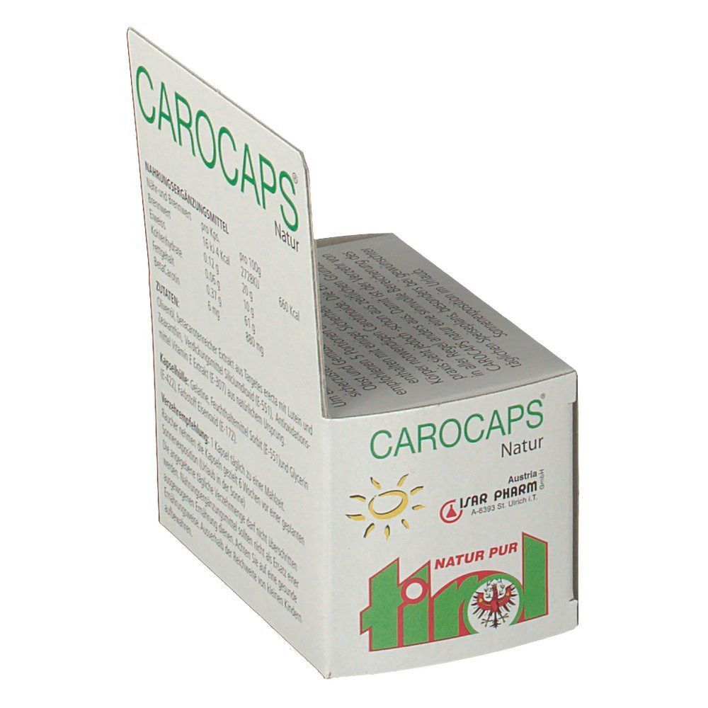 Carocaps Natur Kapseln-Verpackung. Weiße Schachtel mit grünem Logo und Text. Aufschrift: Carocaps Natur. Logo: Tiroler Adler. Text: Natur Pur.