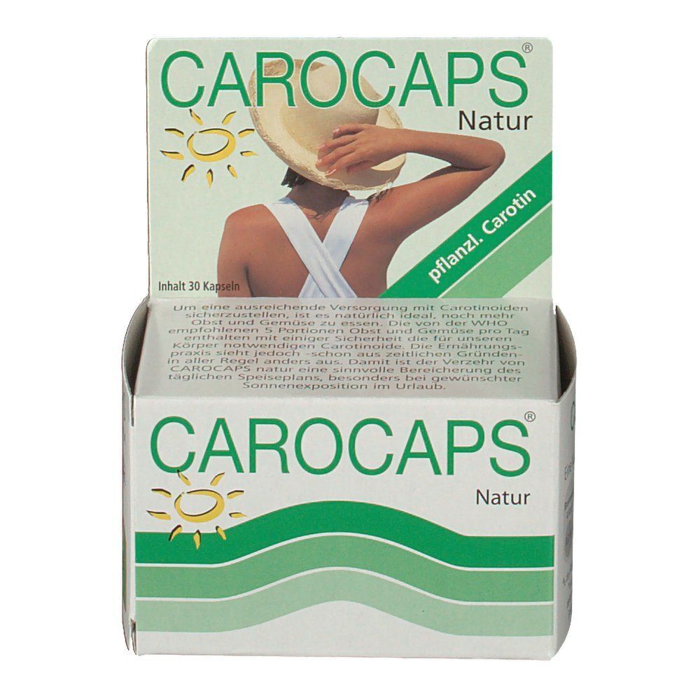 Carocaps Natur Kapseln-Verpackung. Weiße Schachtel mit grünem Logo und Text. Bild einer Frau mit Hut. Aufschrift: Carocaps Natur. Text: pflanzl. Carotin.