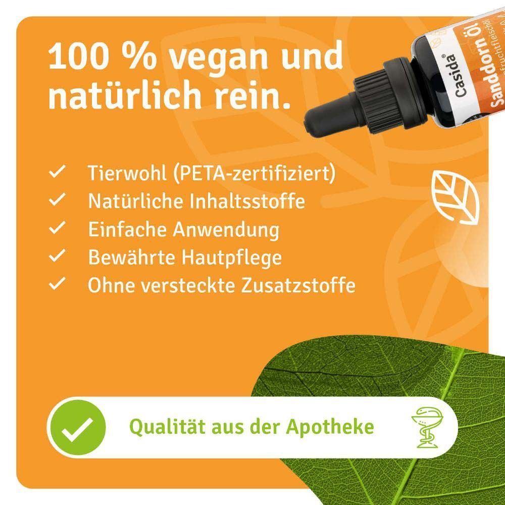 Casida Sanddornöl Fruchtfleischöl Flasche mit Text: 100% vegan, natürlich rein, Tierwohl, einfache Anwendung.