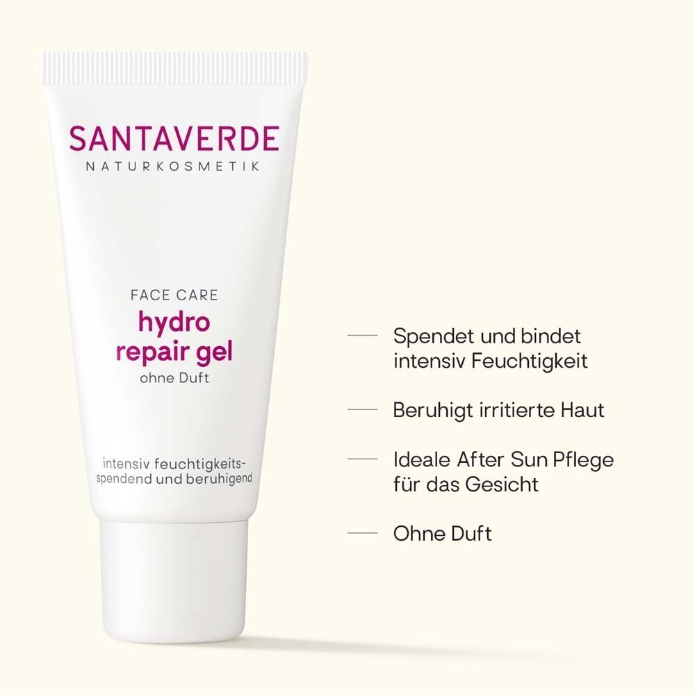 SANTAVERDE hydro repair gel ohne Duft. Weiße Tube mit lila Schrift. Text: Face Care, hydro repair gel, ohne Duft. Zusätzliche Informationen.