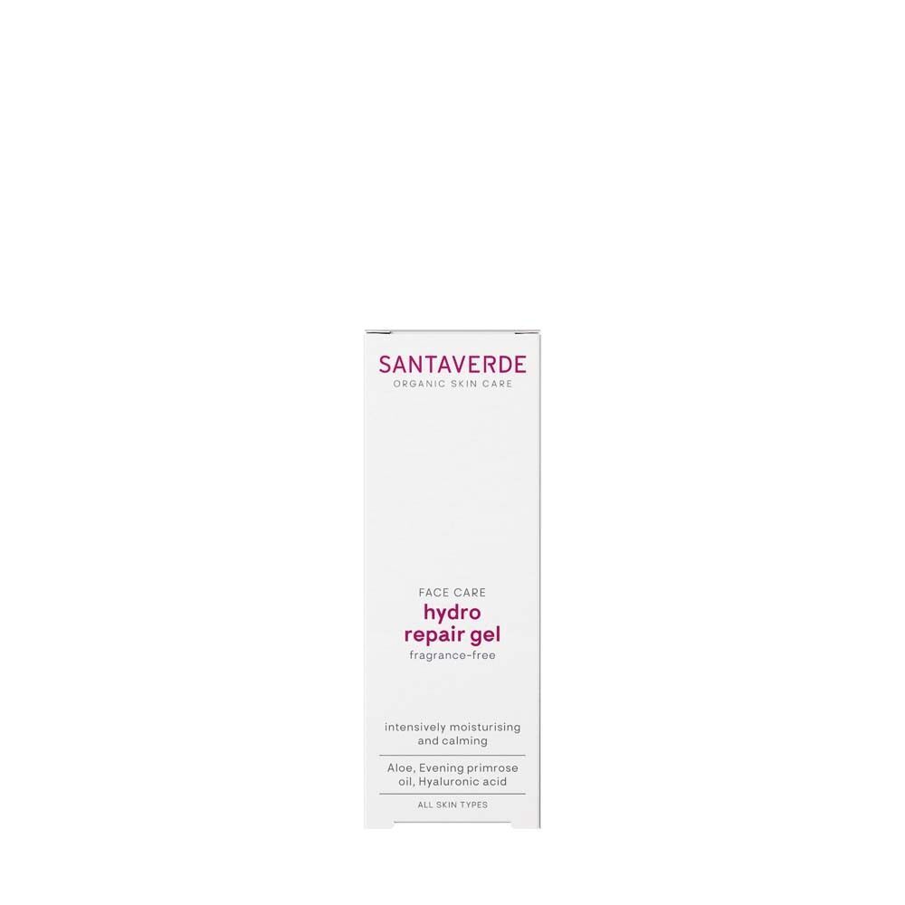 SANTAVERDE hydro repair gel fragrance-free. Produktverpackung. Weiße Schachtel mit lila Schrift. Produktname und Informationen.