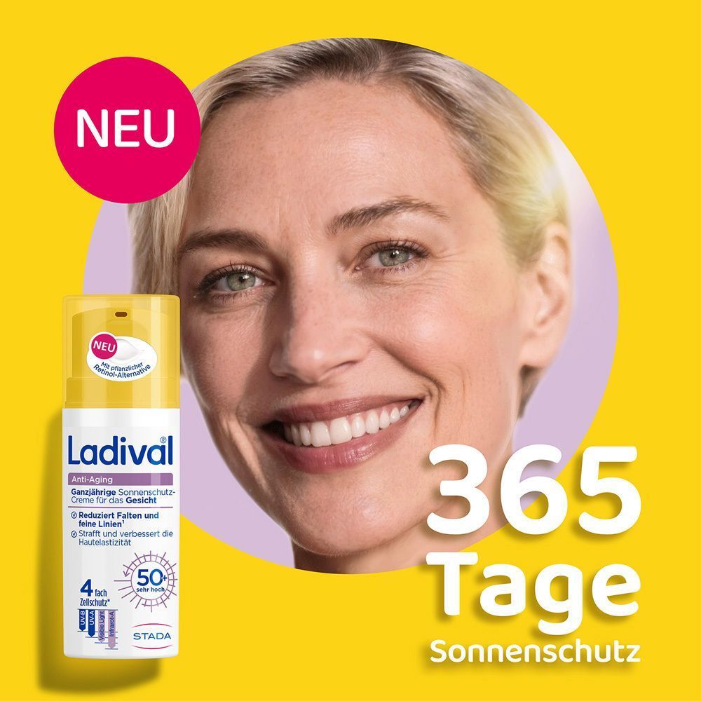Frau mit LADIVAL Anti-Aging Sonnenschutz-Creme LSF 50+. Gelbe Kappe, weißer Behälter. Aufschrift: Anti-Aging, 50+.