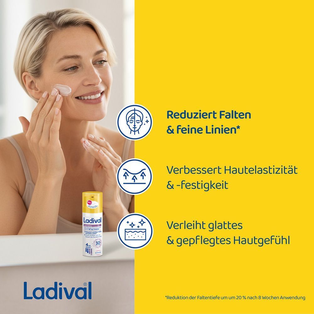 Frau trägt Creme auf. LADIVAL Anti-Aging Sonnenschutz-Creme LSF 50+. Text: Reduziert Falten, verbessert Hautelastizität.