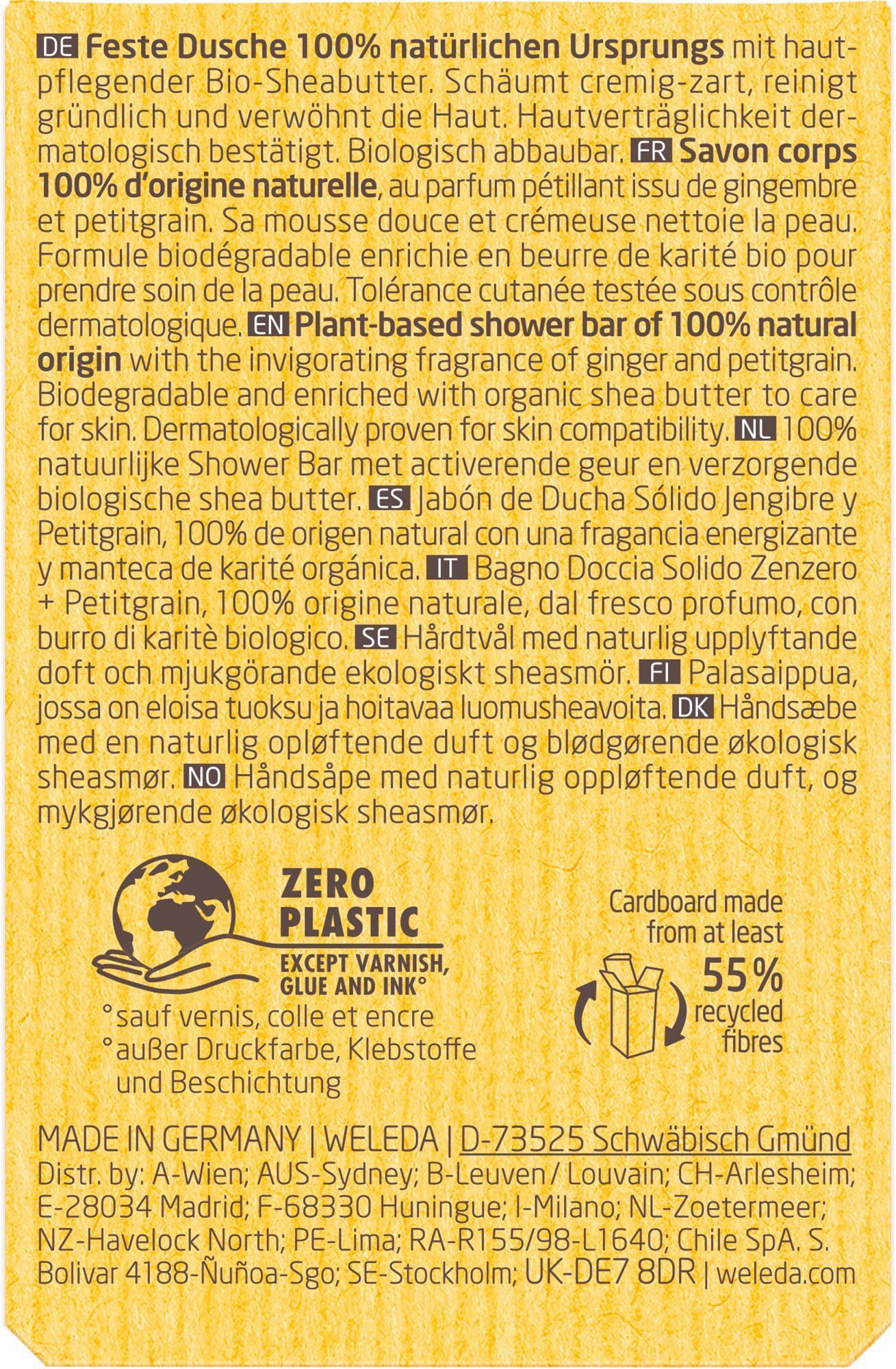 Rückseite der gelben Verpackung. Text in mehreren Sprachen. Mit Logo "ZERO PLASTIC". Karton aus mindestens 55% recycelten Fasern.