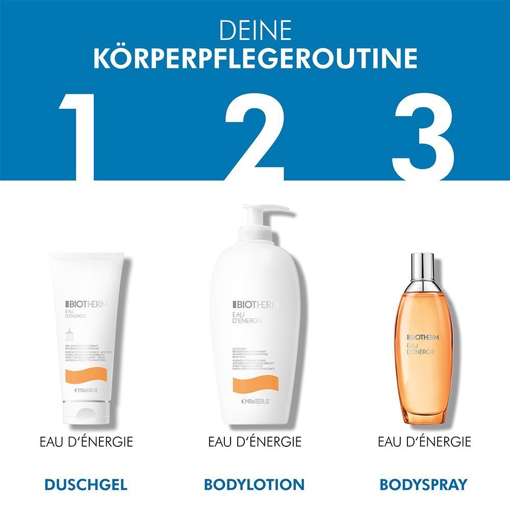 Drei BIOTHERM Eau d'Energie Produkte: Duschgel, Bodylotion und Bodyspray. Anordnung in einer Körperpflege-Routine.