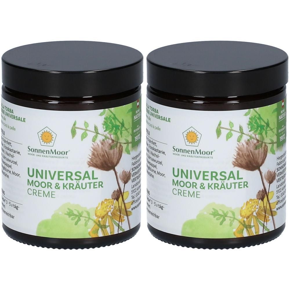 Zwei braune Tiegel mit schwarzem Deckel. Auf den Etiketten steht "UNIVERSAL MOOR & KRÄUTER CREME" und "SonnenMoor".