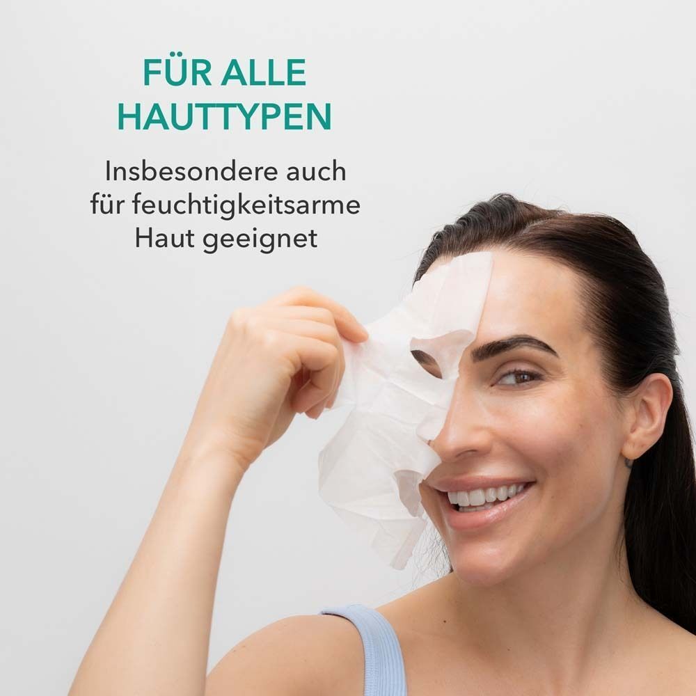 Frau mit Gesichtsmaske. Text: Für alle Hauttypen. Insbesondere auch für feuchtigkeitsarme Haut geeignet.