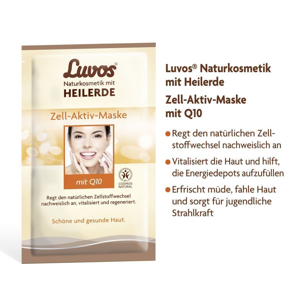 Luvos Heilerde Zell-Aktiv-Maske. Aufdruck: Logo, Produktname, Frauengesicht, Q10, Naturkosmetik, Vegan. Text: Regt den Zellstoffwechsel an.