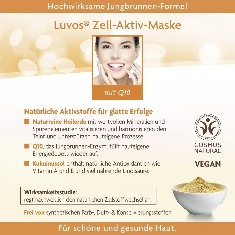 Luvos Zell-Aktiv-Maske. Aufdruck: Logo, Produktname, Frauengesicht, Q10, Naturkosmetik, Vegan. Text: Natürliche Aktivstoffe. Schüssel mit Pulver.