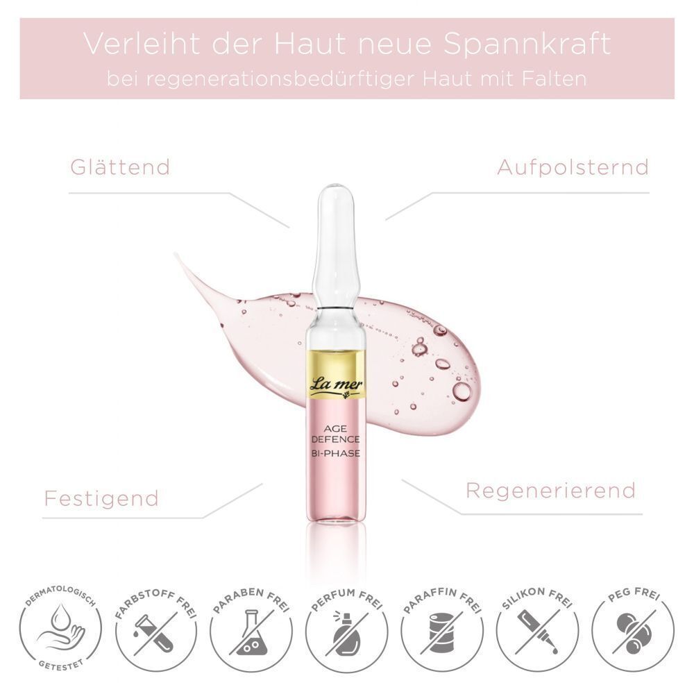 Ampulle mit zweiphasiger Flüssigkeit. Text: La mer, AGE DEFENCE BI-PHASE. Wirkung auf die Haut.