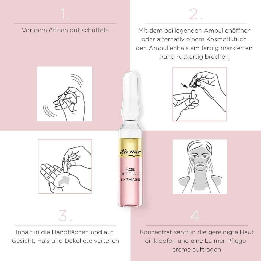 Anleitung zur Anwendung der Ampulle. Schritte 1-4. Text: La mer, AGE DEFENCE BI-PHASE.