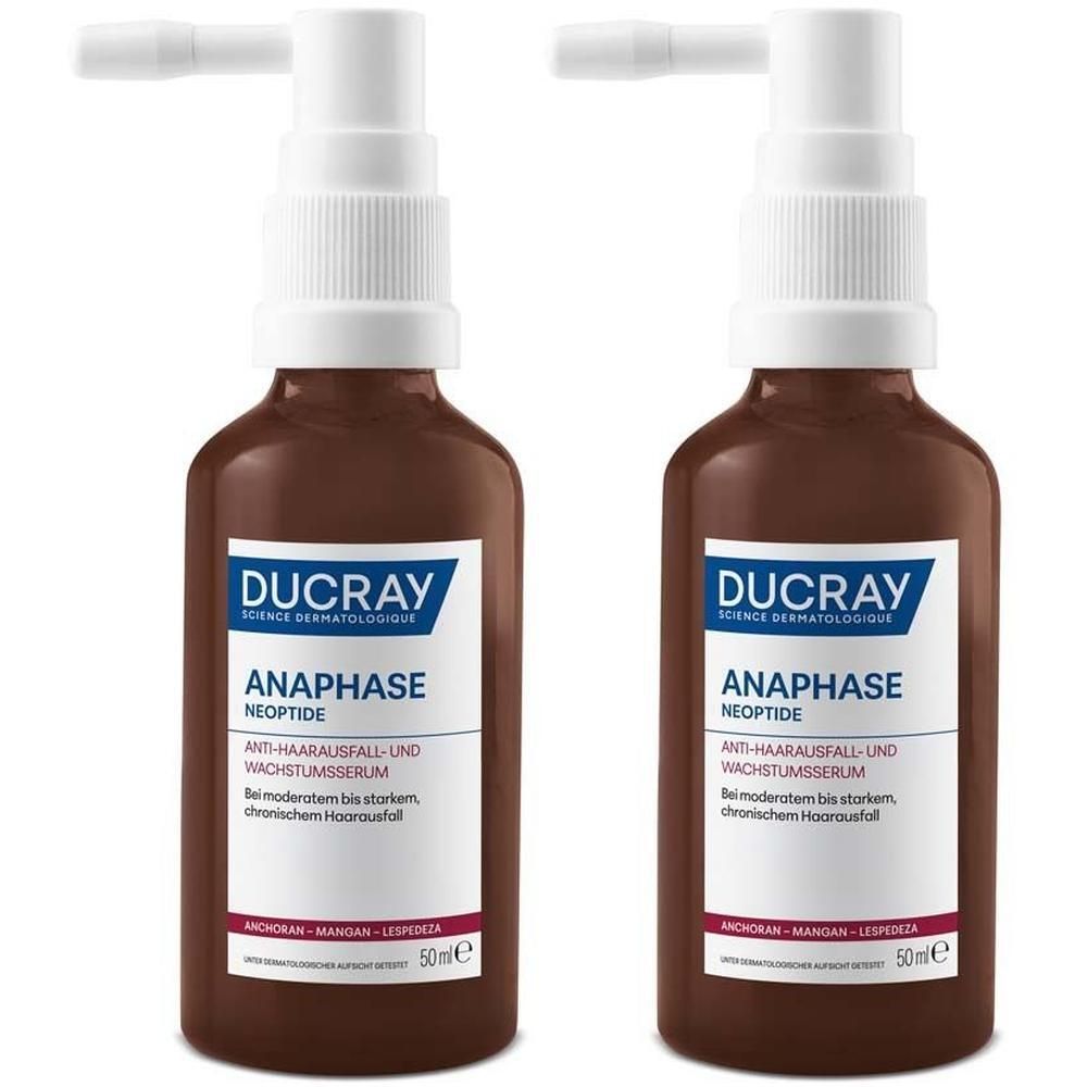 Zwei braune Flaschen mit weißem Sprühkopf. Aufschrift: Ducray, ANAPHASE NEOPTIDE, Anti-Haarausfall- und Wachstumsserum.
