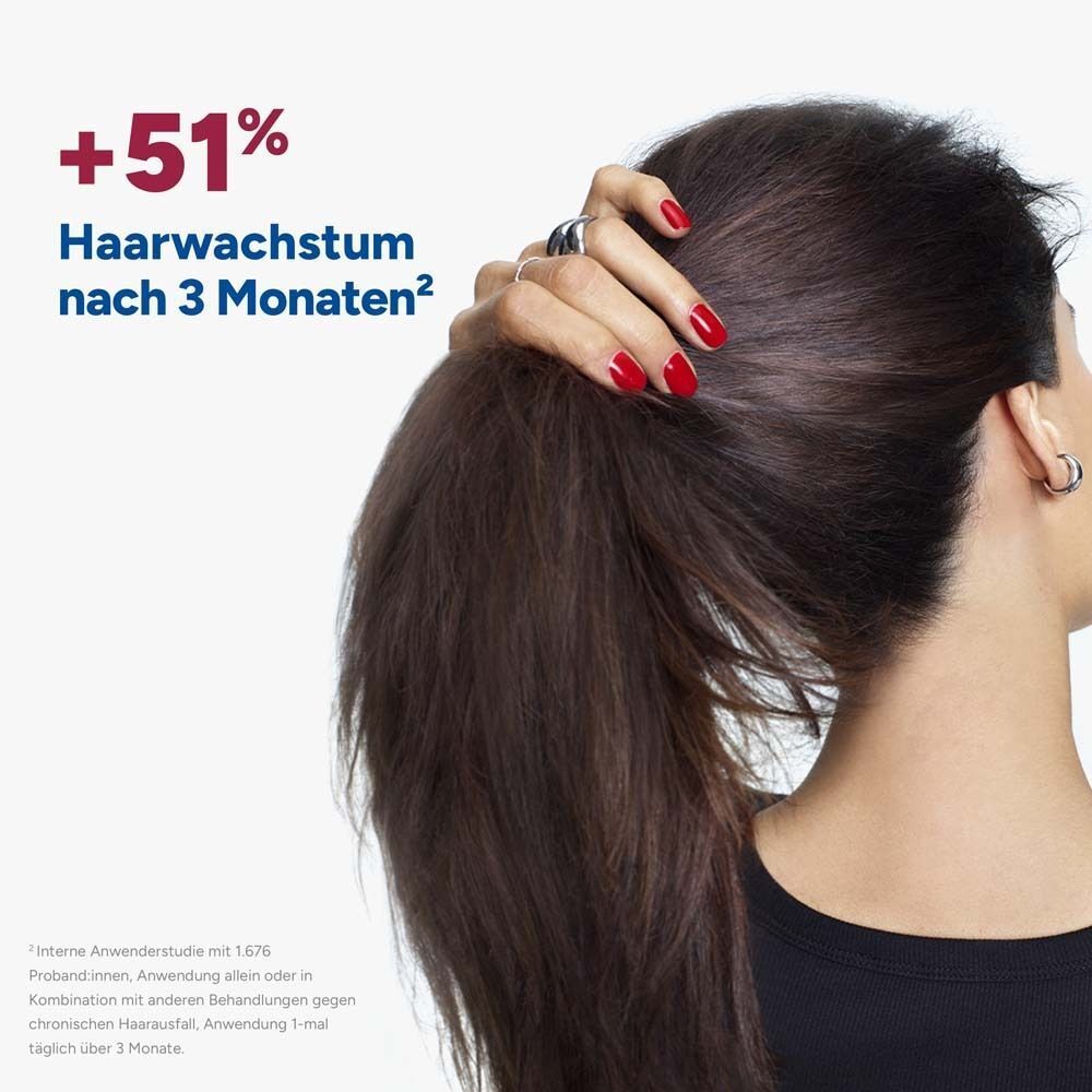 Frau berührt ihr Haar. Text: +51% Haarwachstum nach 3 Monaten.