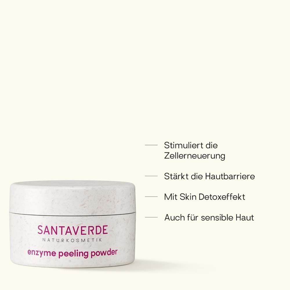 Weißer Tiegel mit Aufschrift: SANTAVERDE NATURKOSMETIK enzyme peeling powder. Textzeilen: Stimuliert die Zellerneuerung, stärkt die Hautbarriere, Mit Skin Detoxeffekt, Auch für sensible Haut.