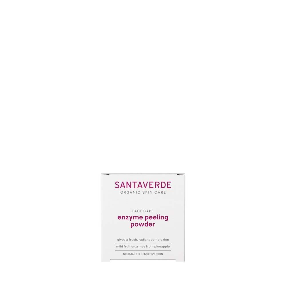 Weiße Verpackung mit Aufschrift: SANTAVERDE ORGANIC SKIN CARE FACE CARE enzyme peeling powder.