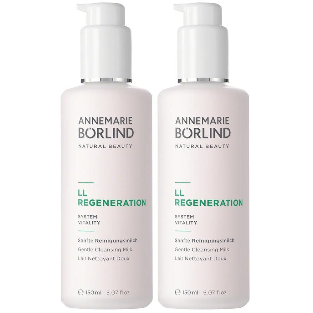 Zwei weiße Pumpflaschen mit ANNEMARIE BÖRLIND LL REGENERATION Sanfte Reinigungsmilch.