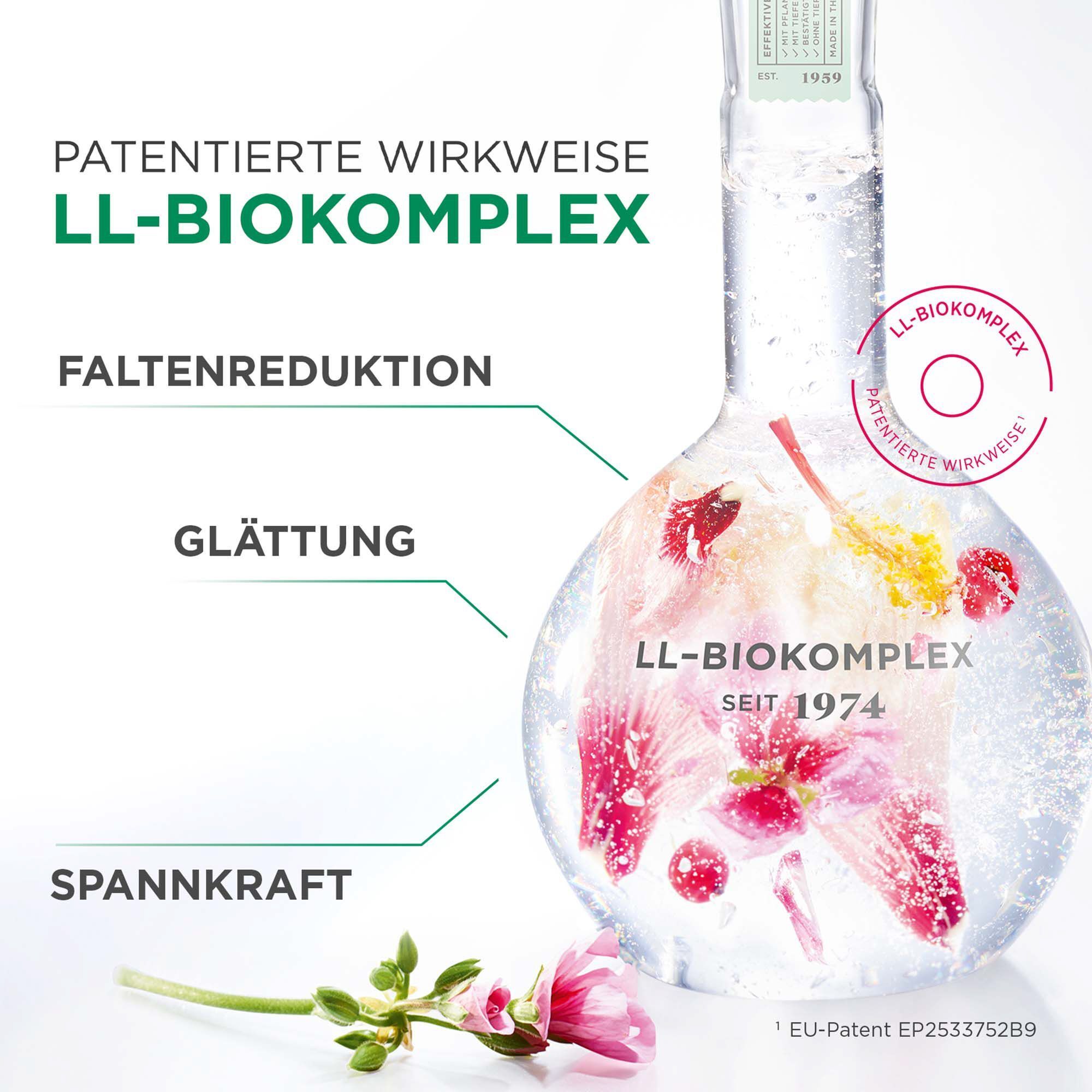 Laborflasche mit LL-BIOKOMPLEX und Blüten, zeigt Faltenreduktion, Glättung, Spannkraft.