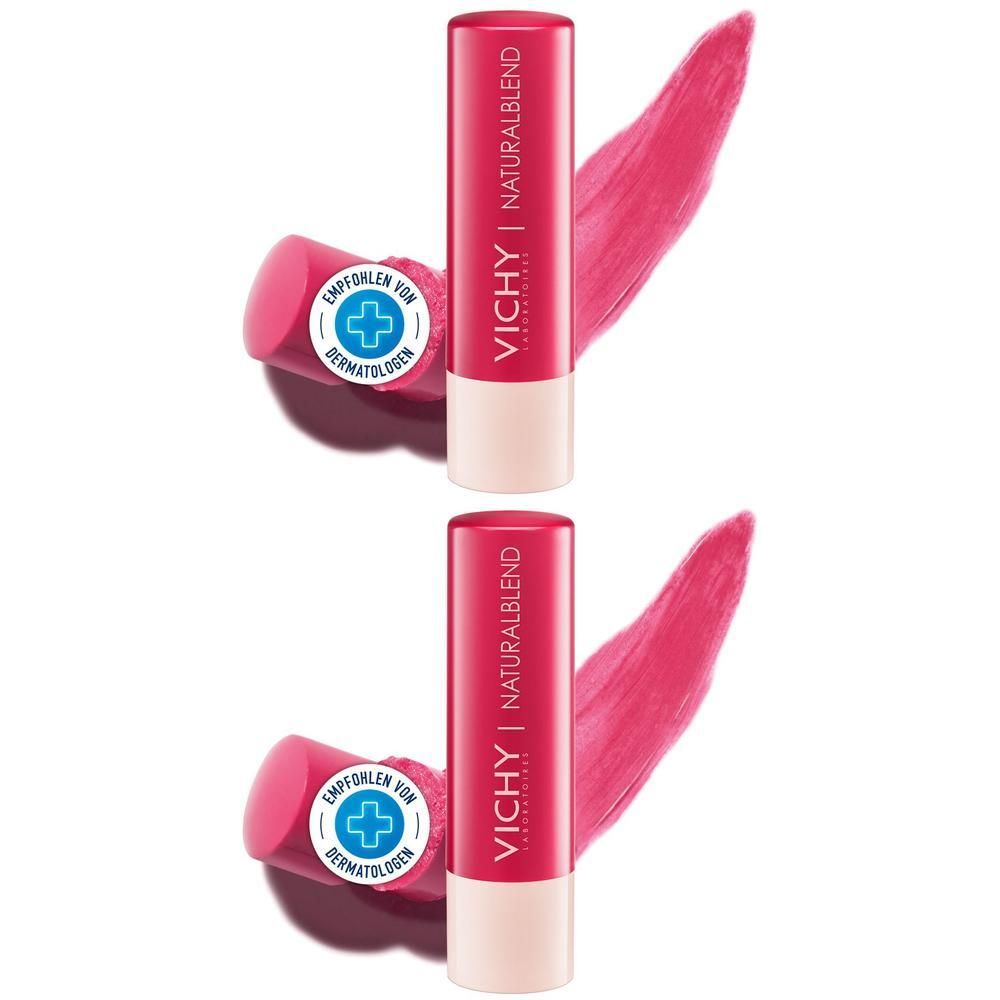 Zwei Lippenbalsam-Stifte mit pinkfarbenen Farbabstrichen. Auf den Stiften steht "VICHY NATURALBLEND".