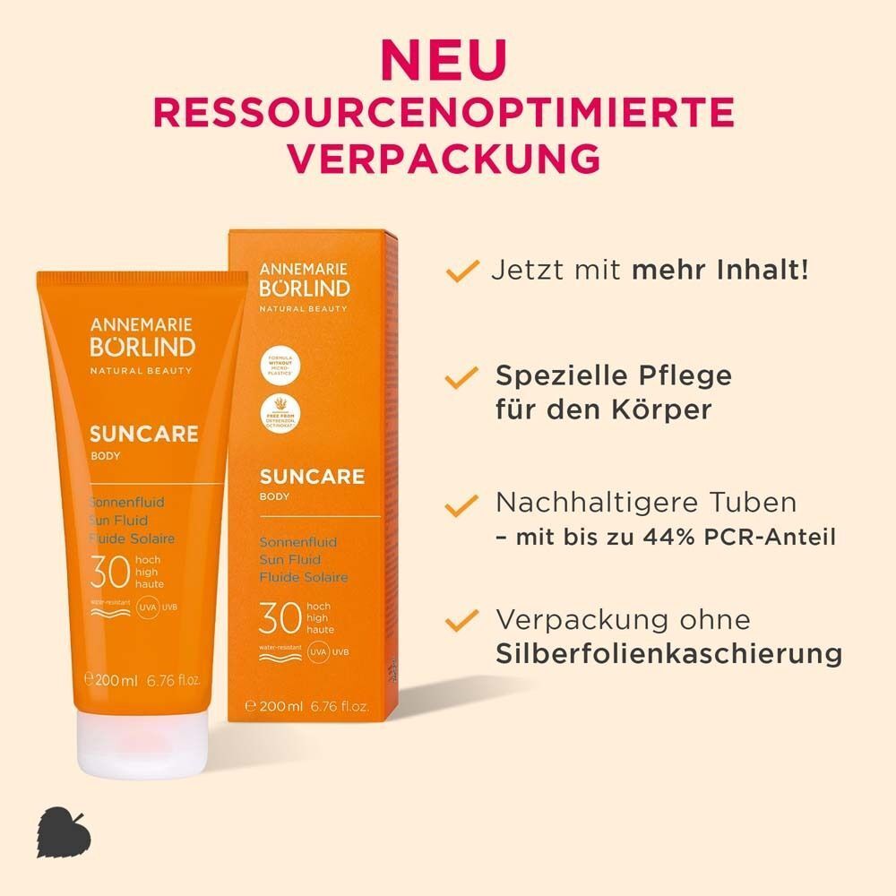 Sonnencreme-Tube und Karton. Aufschrift: ANNEMARIE BÖRLIND, SUNCAR, LSF 30. Text: Nachhaltige Tuben, mehr Inhalt.