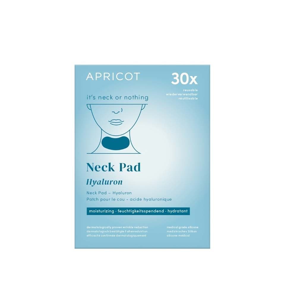 APRICOT Neck Pad mit Hyaluron Verpackung. Blaue Schachtel mit Produktabbildung und Text. Enthält 30 Pads.