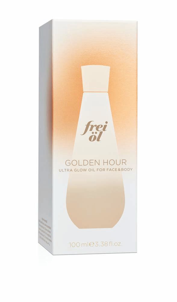 Verpackung von frei öl® ULTRA GLOW ÖL Golden Hour. Rechteckige Schachtel mit Produktabbildung und Schriftzug.