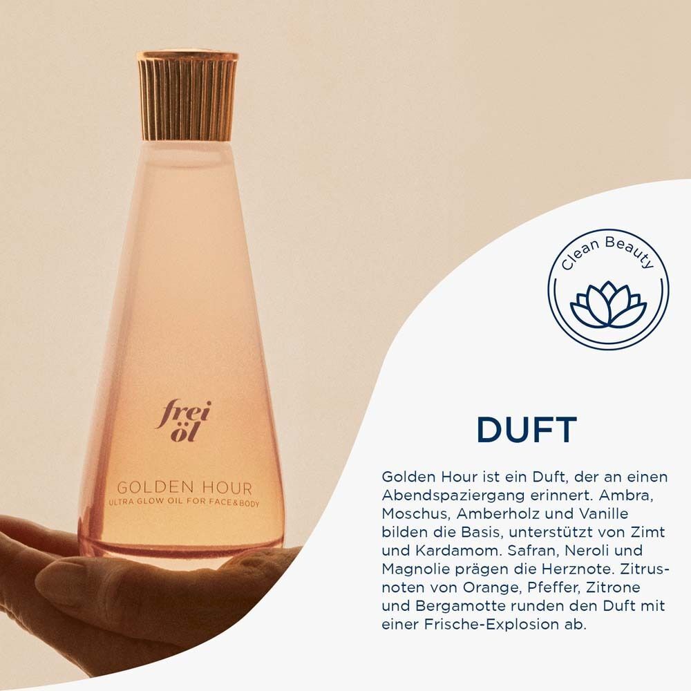 Flasche frei öl® ULTRA GLOW ÖL Golden Hour in Hand. Text über Duftnoten. Logo 'Clean Beauty'.