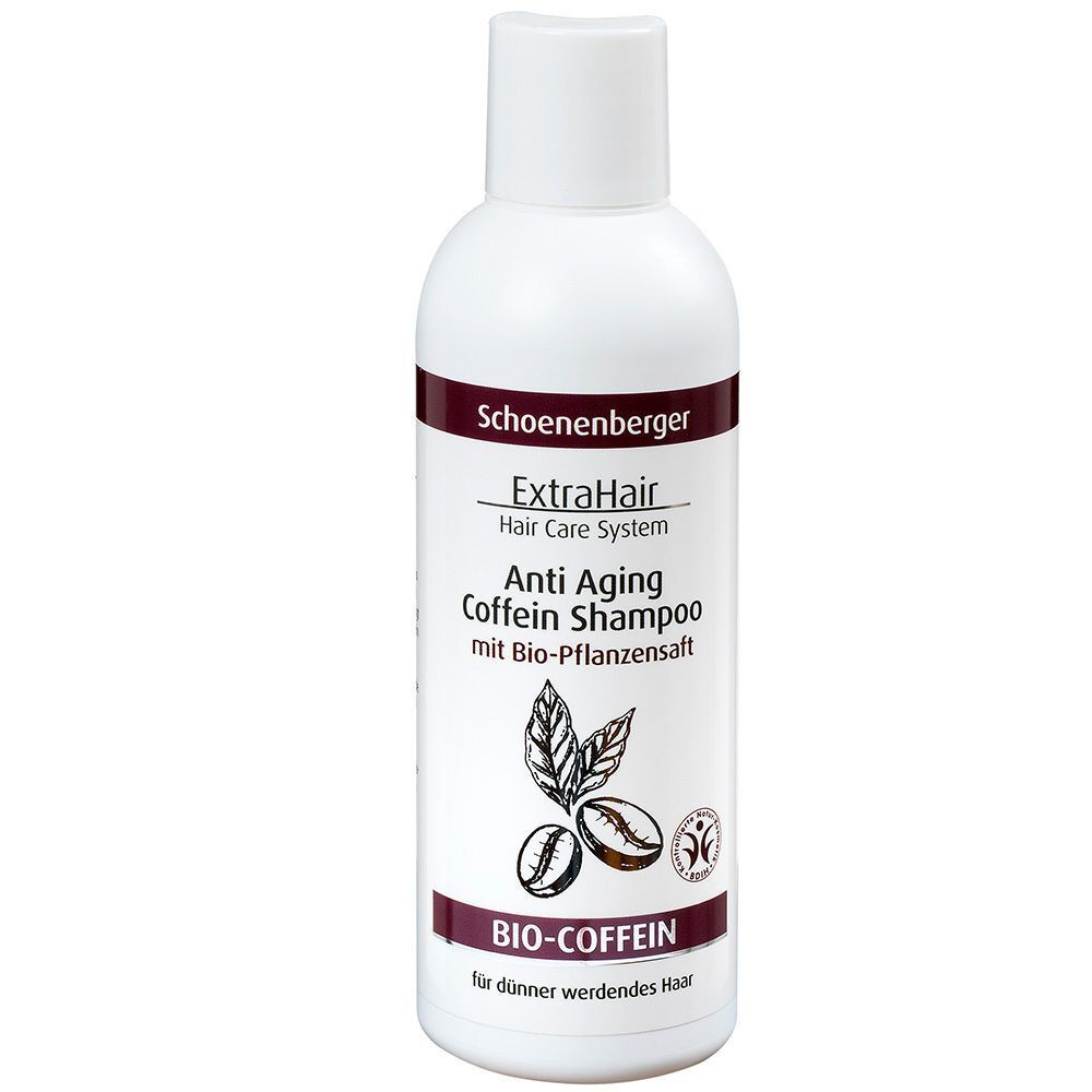 Shampoo-Flasche mit weißem Deckel. Aufdruck: ExtraHair Anti Aging Coffein Shampoo, Bio-Coffein, für dünner werdendes Haar. Mit Logo.