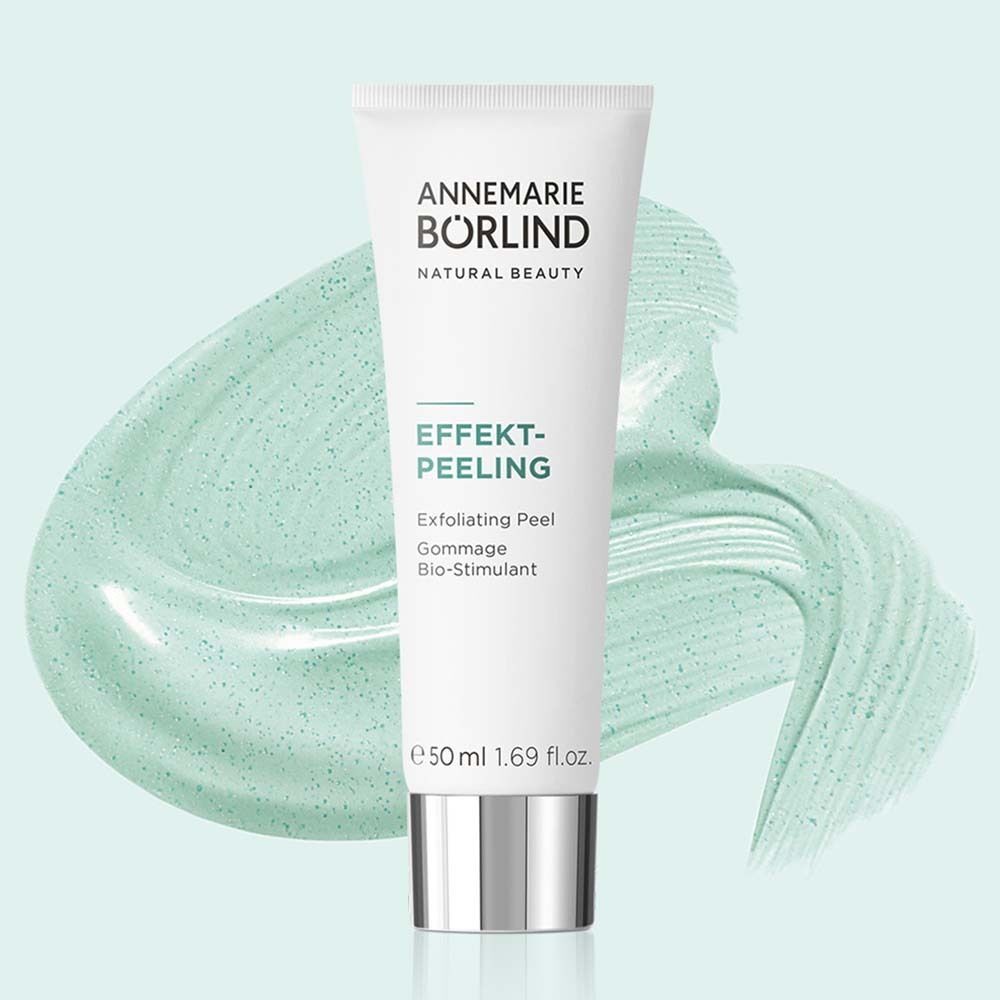 Weiße Tube ANNEMARIE BÖRLIND EFFEKT-PEELING mit mintgrünem Peeling-Swirl.