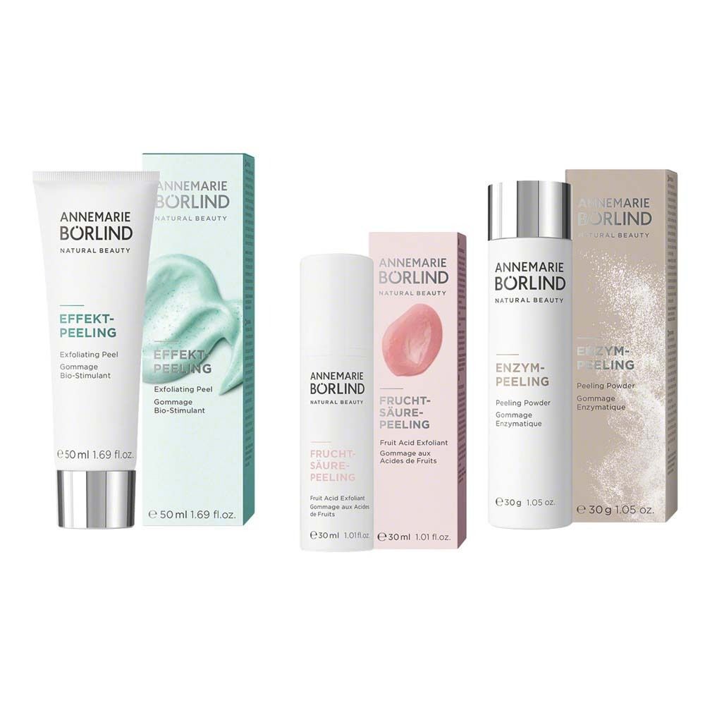 Drei ANNEMARIE BÖRLIND Produkte mit Verpackungen: Peeling, Fruchtsäure, Enzym.