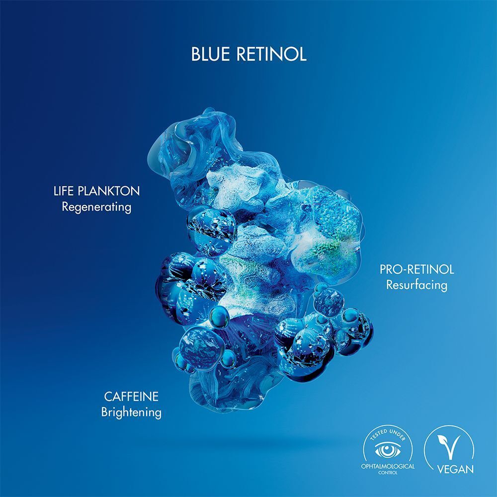 Abbildung von blauen, tropfenförmigen Objekten mit Text: LIFE PLANKTON, PRO-RETINOL, CAFFEINE. Vegan- und Augenverträglichkeits-Siegel.