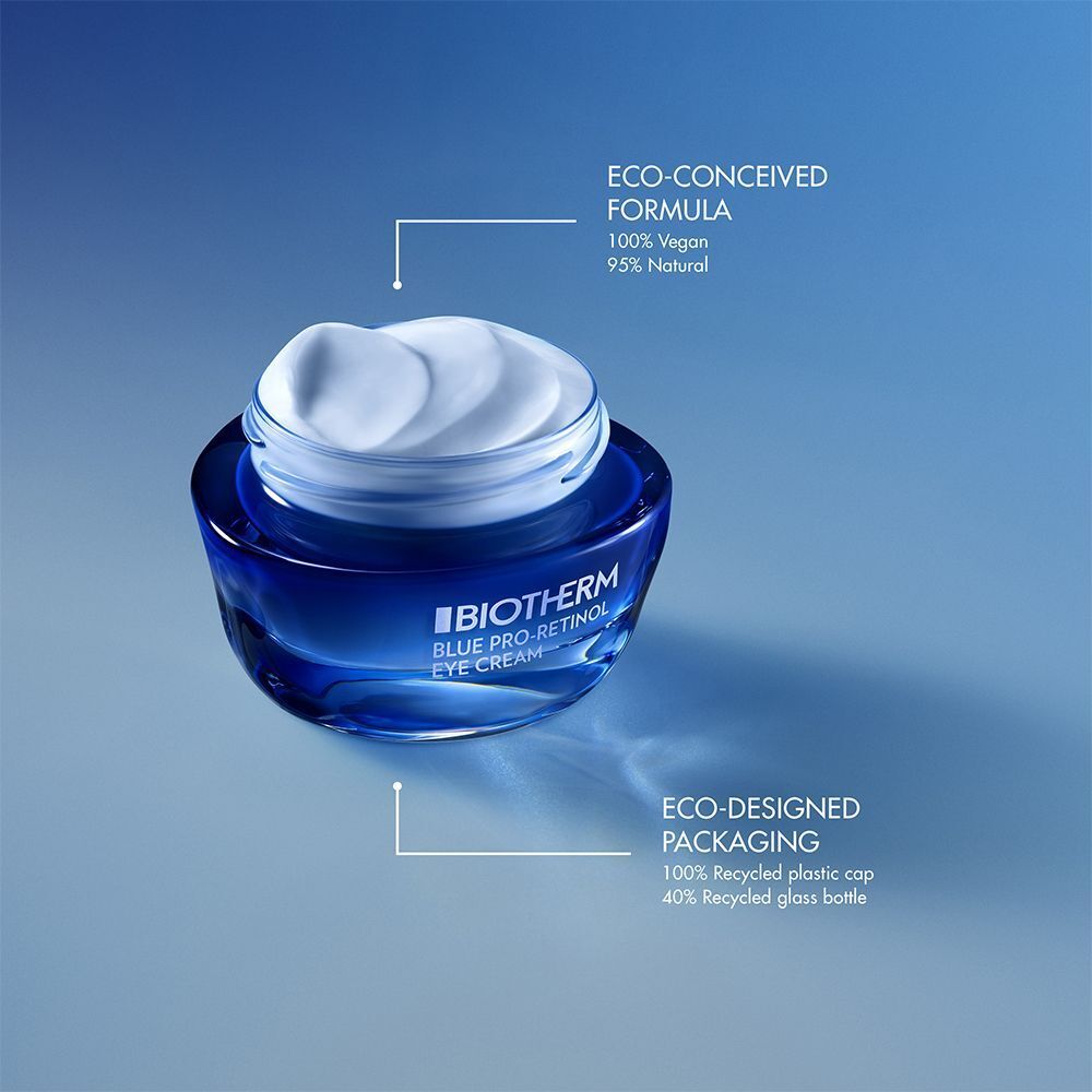 Blauer Tiegel mit silbernem Deckel. Text: BIOTHERM BLUE PRO-RETINOL EYE CREAM. Text: ECO-CONCEIVED FORMULA, ECO-DESIGNED PACKAGING.