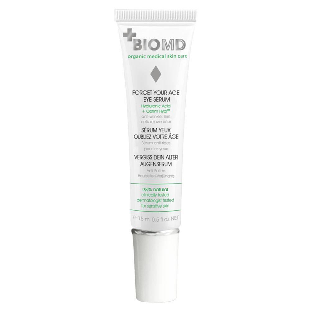 Weiße Tube mit silberner Kappe. Aufschrift: FORGET YOUR AGE EYE SERUM, 15 ml.