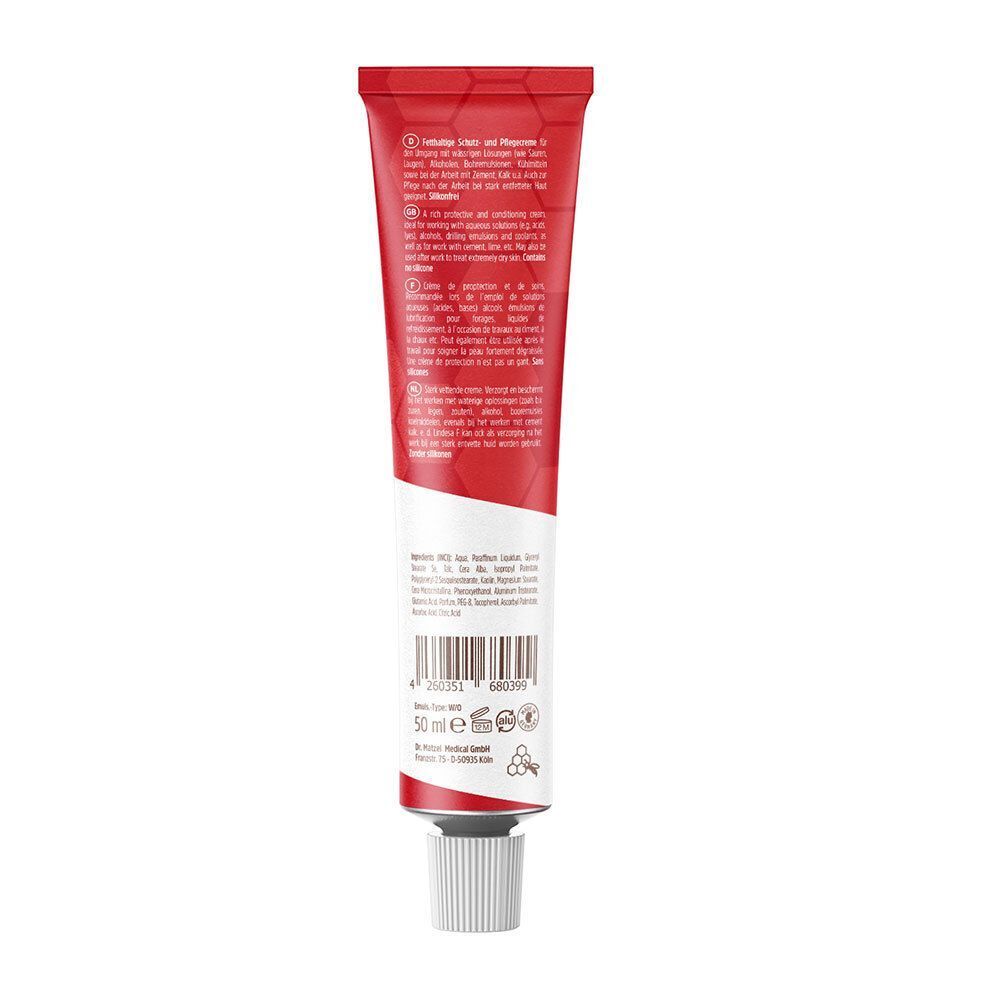 Rote Tube Hautschutz- und Pflegecreme mit Bienenwachs. Rückseite mit Text in mehreren Sprachen. Grauer Verschluss.