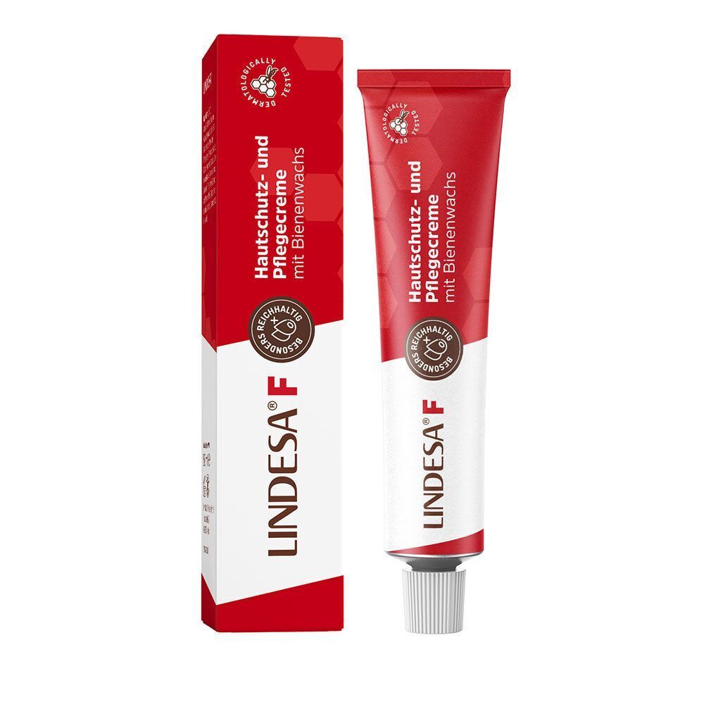 Schachtel und Tube Hautschutz- und Pflegecreme mit Bienenwachs. Rote und weiße Verpackung. Text: LINDESA F.
