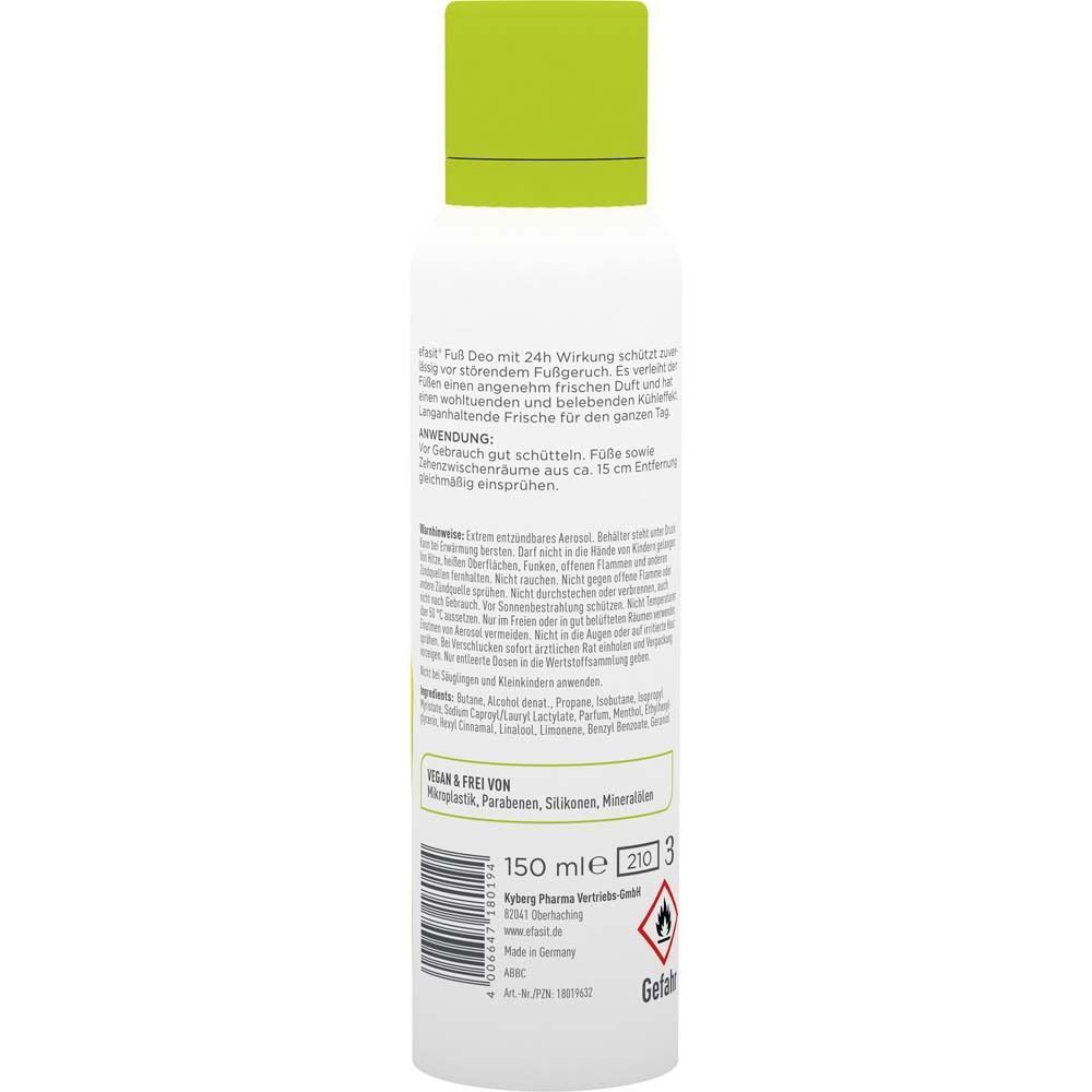 Rückseite einer weißen Sprühflasche mit grünem Deckel. Text: Inhaltsstoffe, Anwendungshinweise, vegan & frei von, Warnhinweise. Volumen: 150 ml.