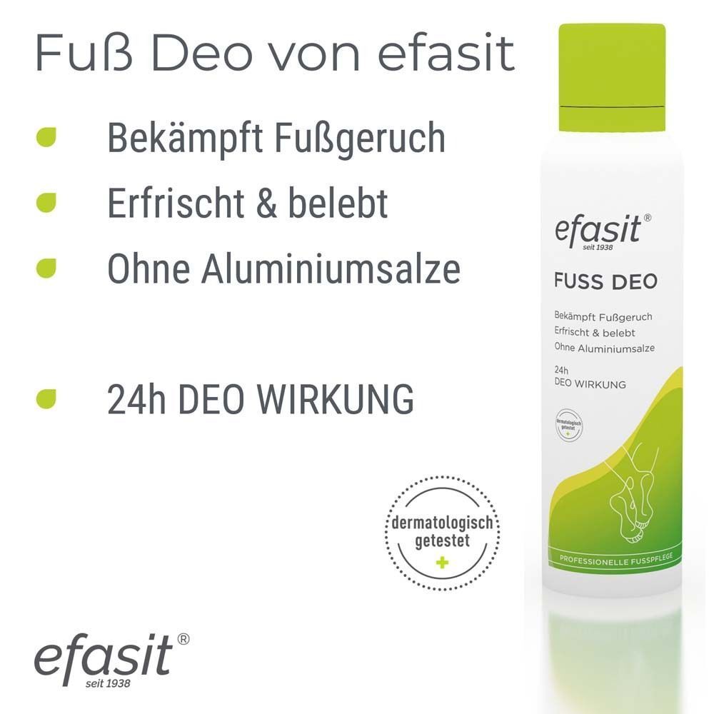Weiße Sprühflasche mit grünem Deckel. Aufschrift: efasit Fuß Deo. Bekämpft Fußgeruch, erfrischt & belebt. Ohne Aluminiumsalze. 24h Deo Wirkung. Dermatologisch getestet.