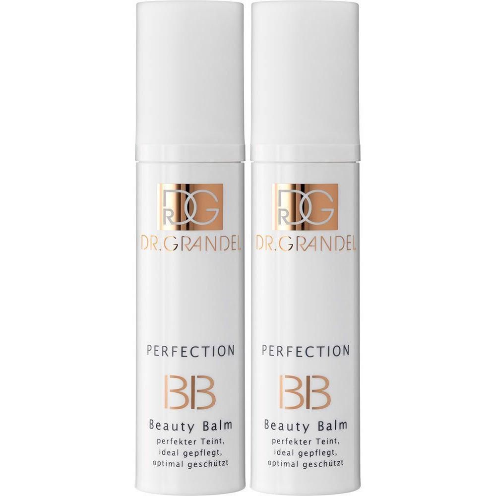 Zwei weiße Flaschen mit goldfarbenem Logo und Aufschrift "DR. GRANDEL". Text: "PERFECTION BB Beauty Balm".