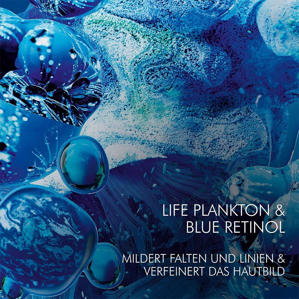 Abstrakte Darstellung von blauen Kugeln und Wirbeln. Text: LIFE PLANKTON & BLUE RETINOL. Mildert Falten und Linien.