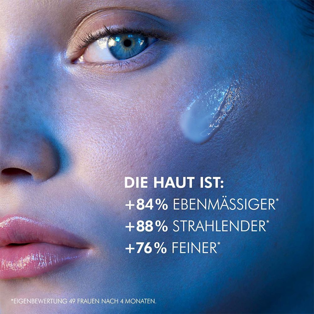 Nahaufnahme eines Gesichts. Text: Die Haut ist: +84% ebenmäßiger, +88% strahlender, +76% feiner.